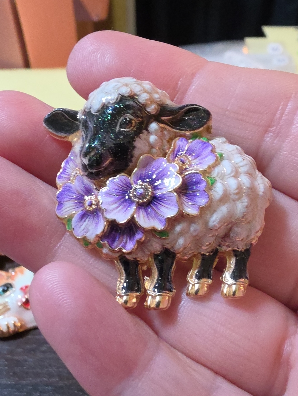 A161- Decorative Lamb Pin Brooch with Purple Flower Accents